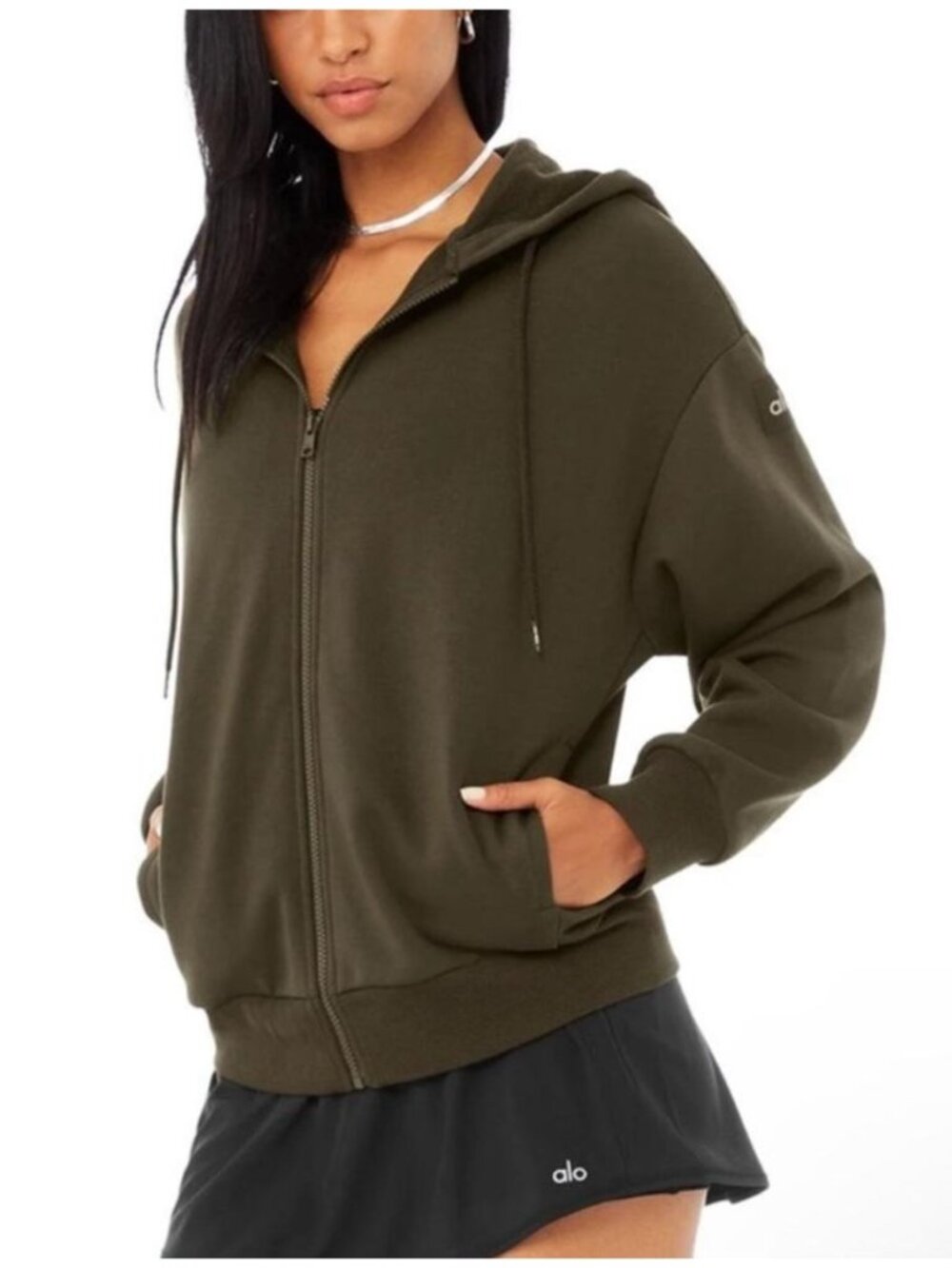 ALO Yoga Hype Full Zip Hoodie Sweatshirt Jacket Olive Green Size XS